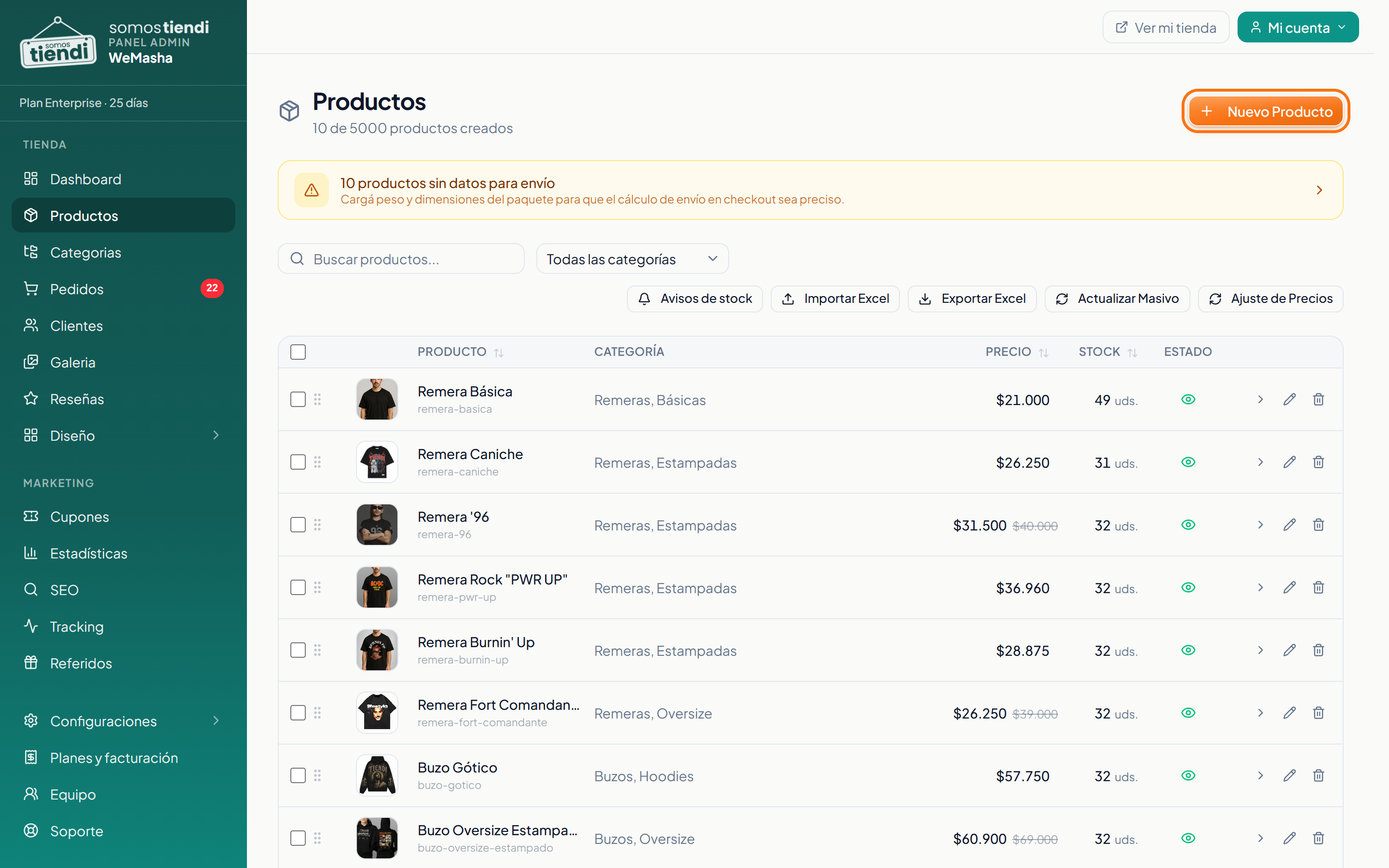La pantalla de Productos con el botón Nuevo Producto resaltado