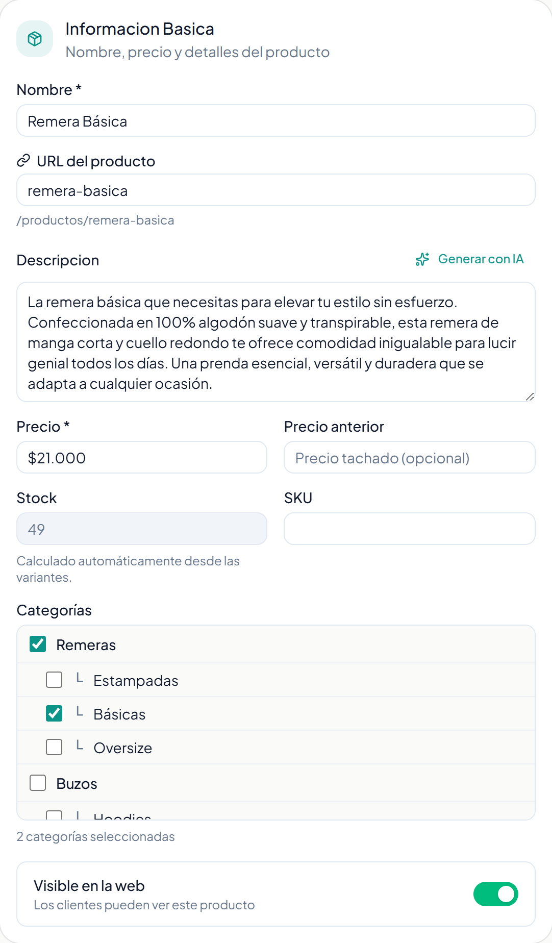 La tarjeta con el nombre, el precio y la descripción del producto