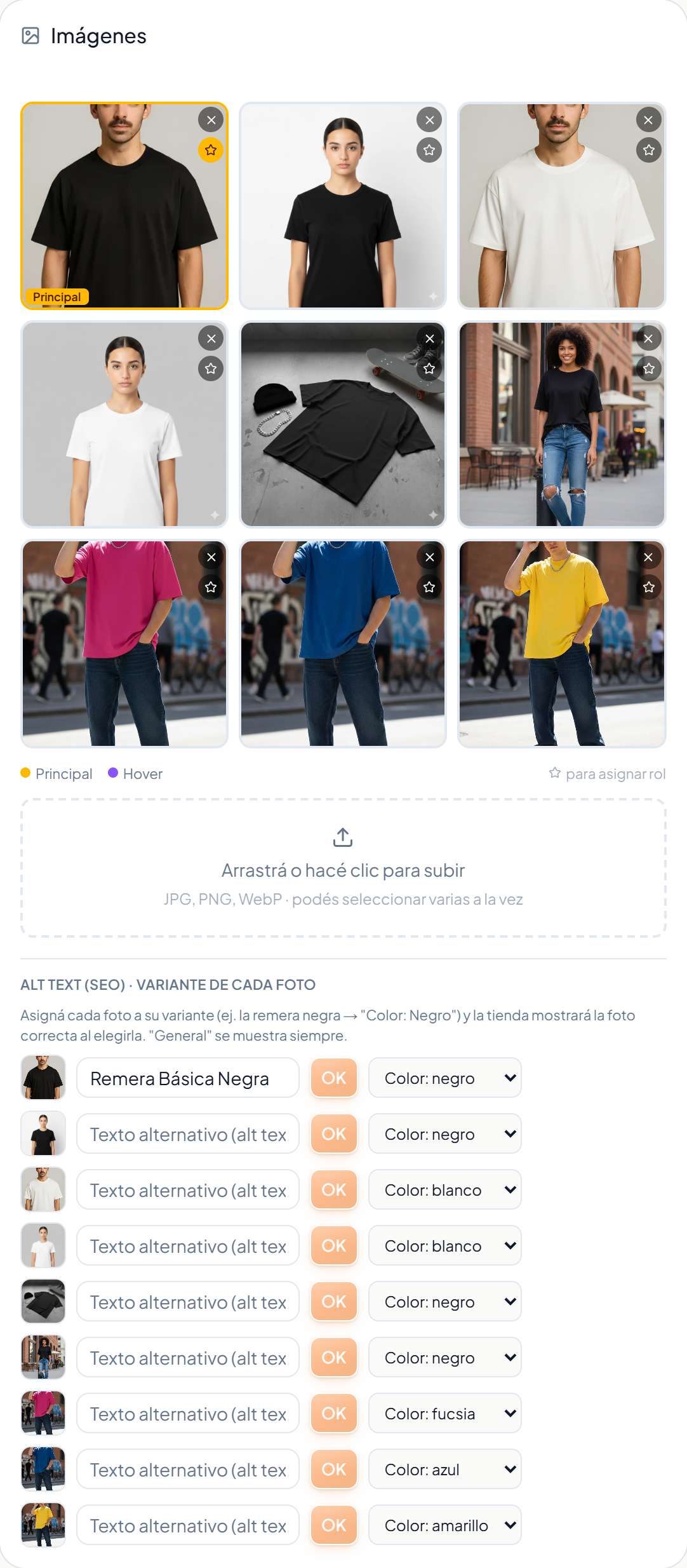 La tarjeta de imágenes, con el orden de las fotos y el menú de roles
