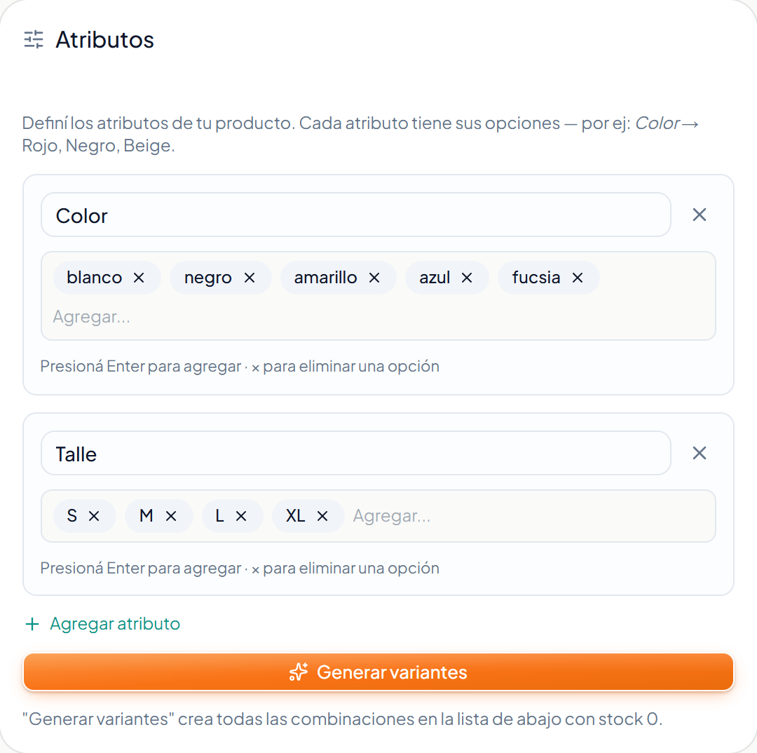 Los atributos cargados y la lista de variantes de talle
