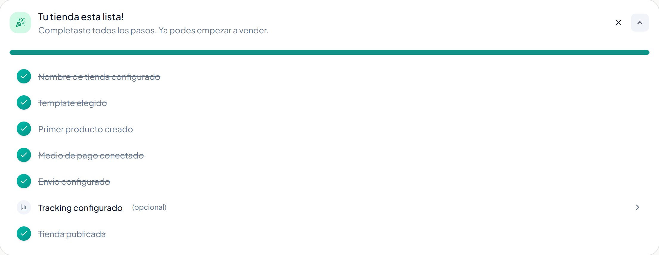 La lista de configuración del panel, con lo hecho y lo que falta