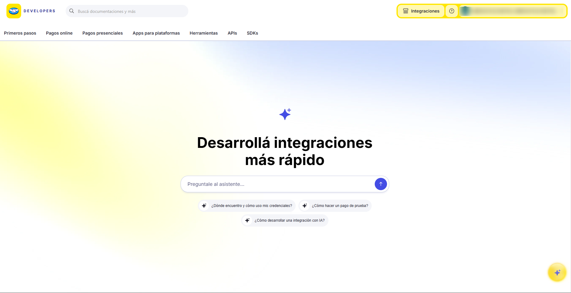 El sitio de desarrolladores, con Integraciones arriba a la derecha