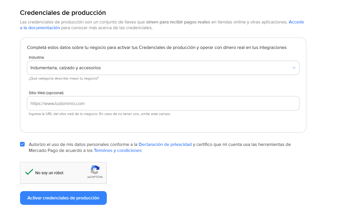 El formulario que activa las credenciales de producción