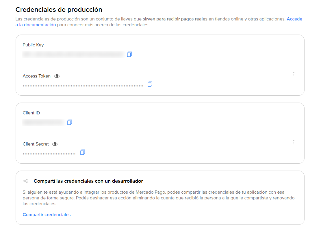 Las credenciales, con Public Key y Access Token arriba