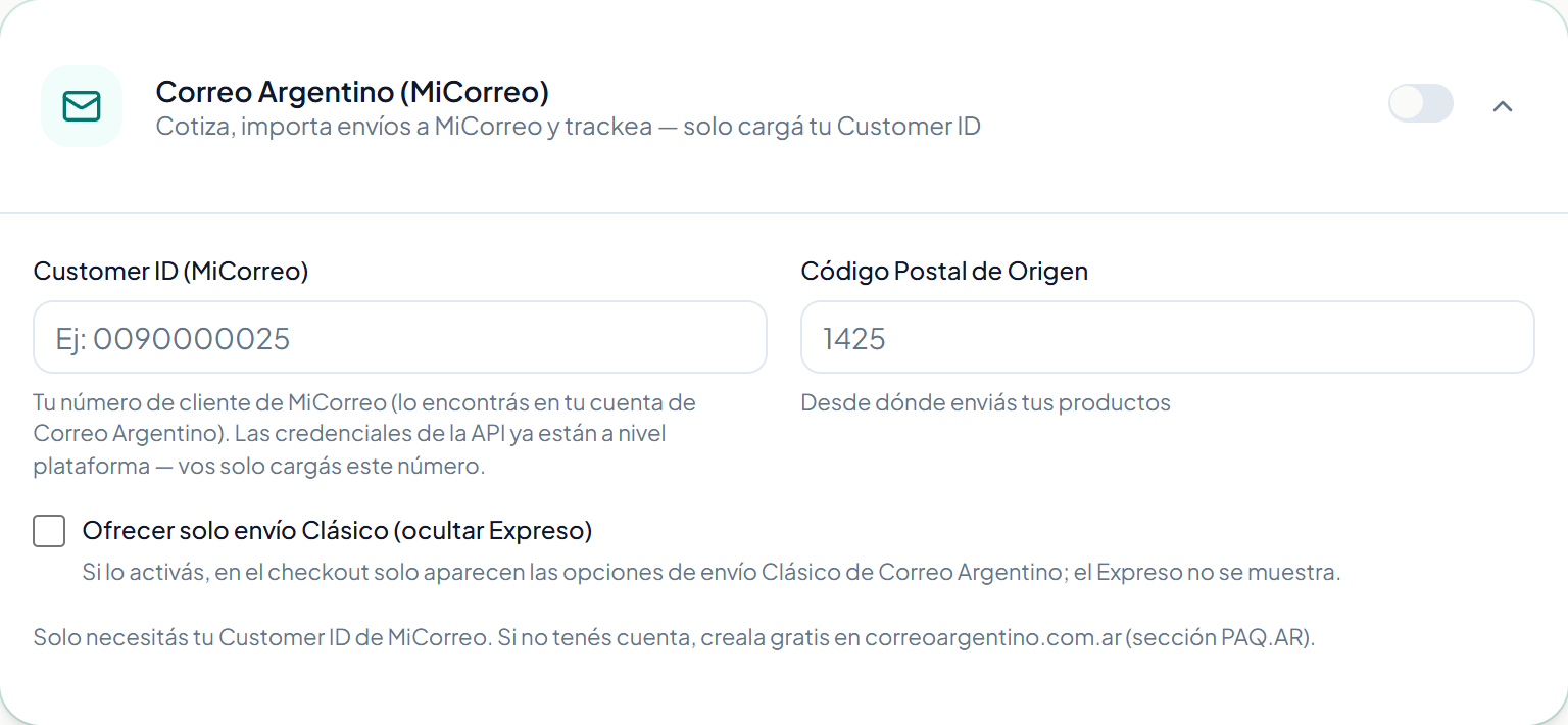 La tarjeta de Correo Argentino en la configuración de envíos