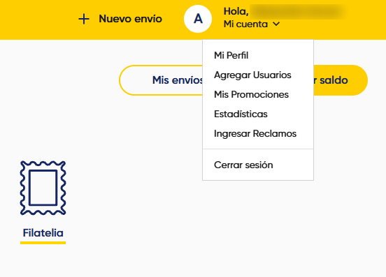El menú de la cuenta en MiCorreo, con Mi Perfil