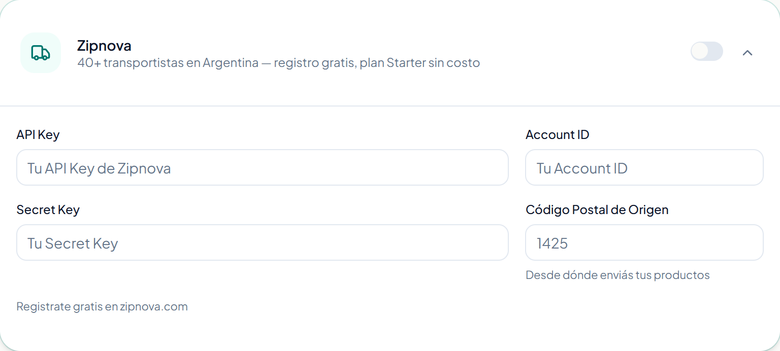 La tarjeta de Zipnova con sus tres credenciales