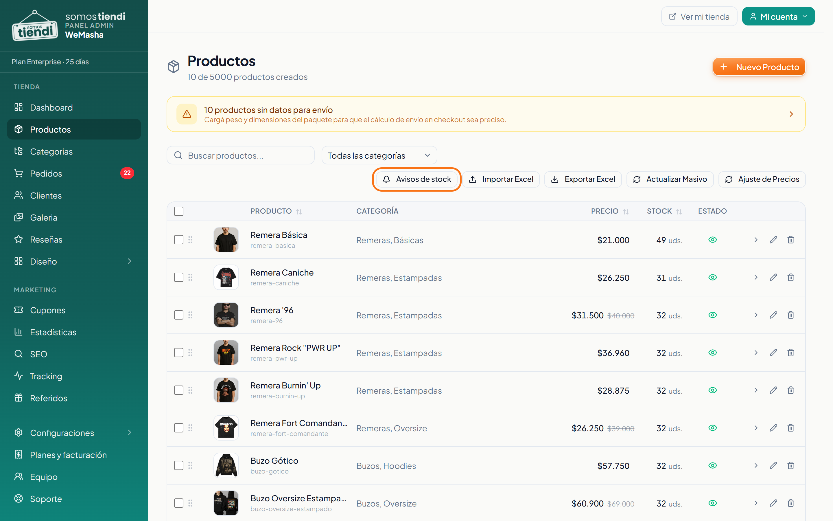 El botón de avisos de stock en la pantalla de Productos