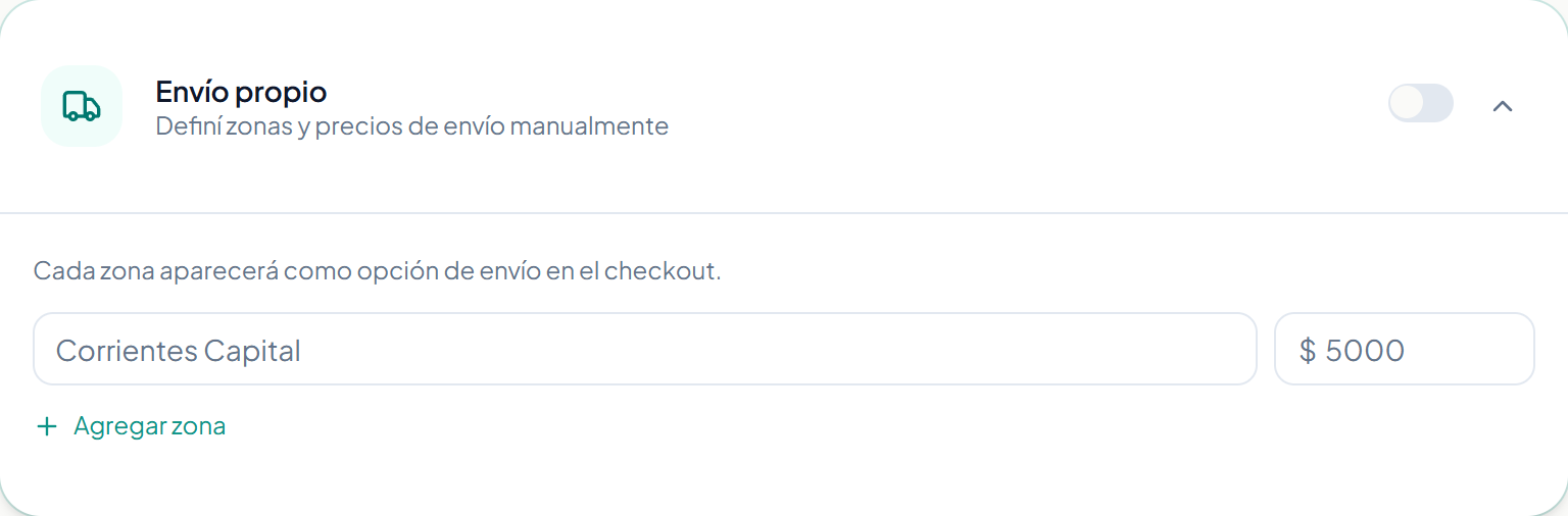 La tarjeta de Envío propio, con sus zonas y precios