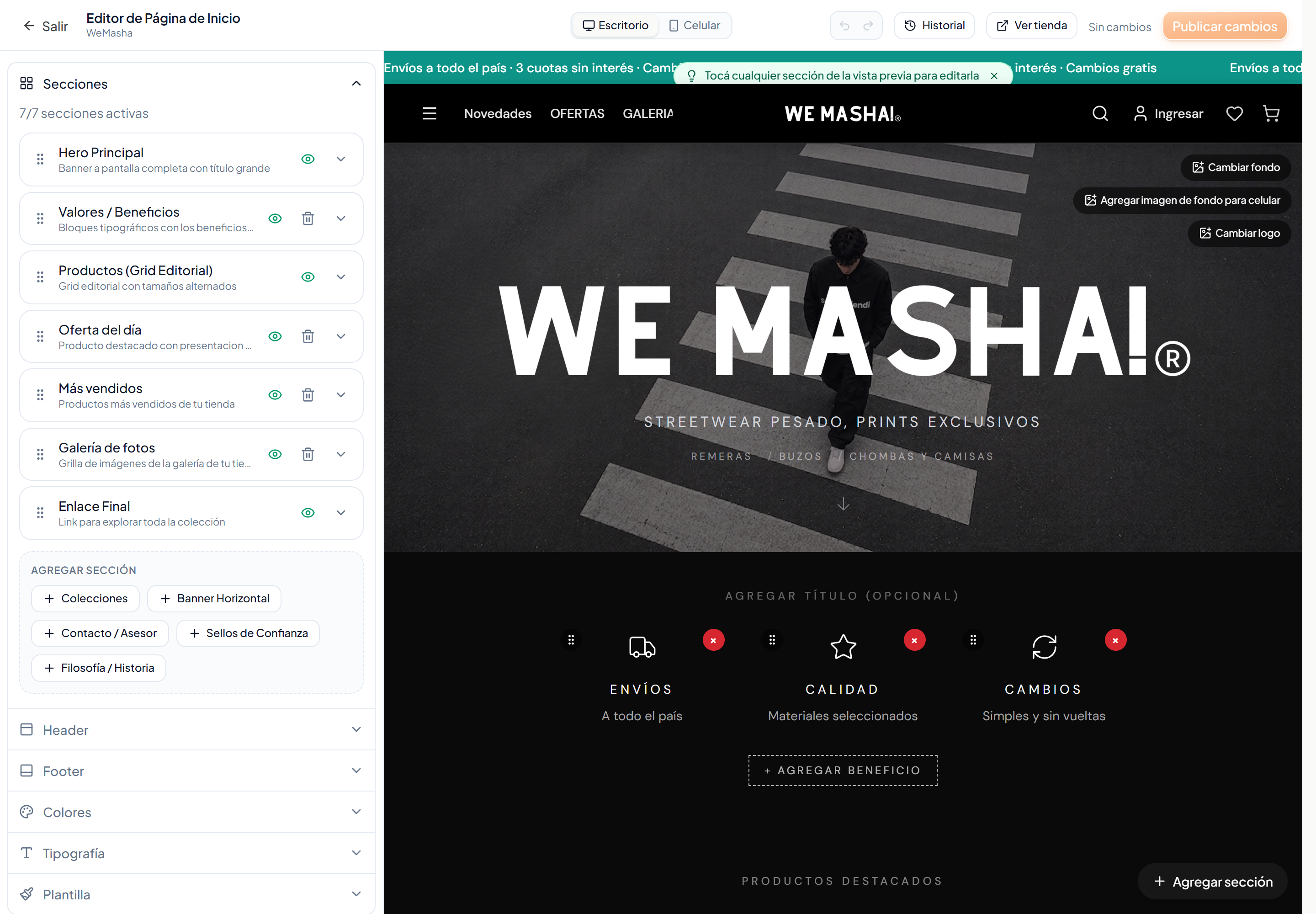 El editor de diseño, con sus paneles y la vista en vivo