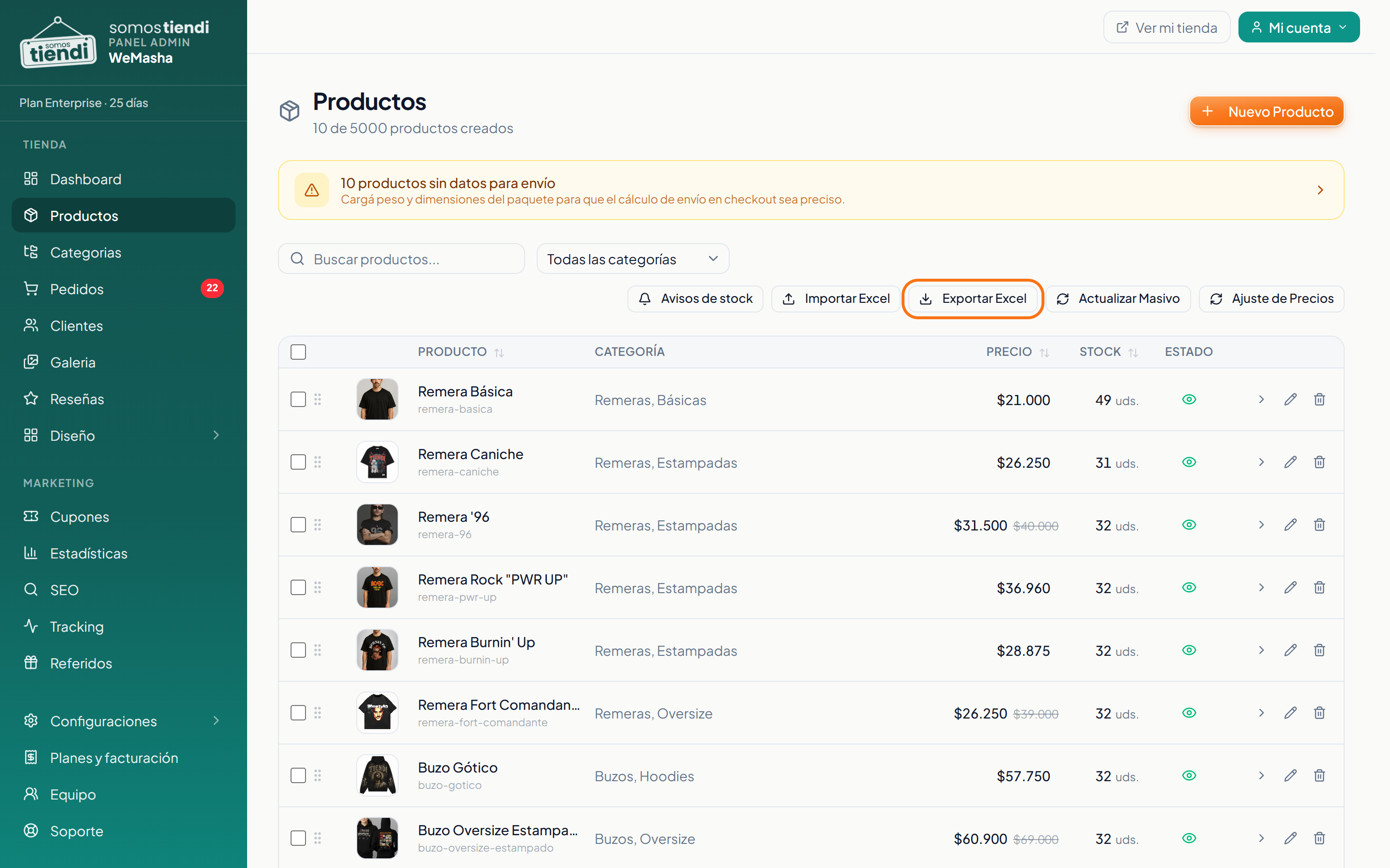 El botón de exportar, en la pantalla de Productos
