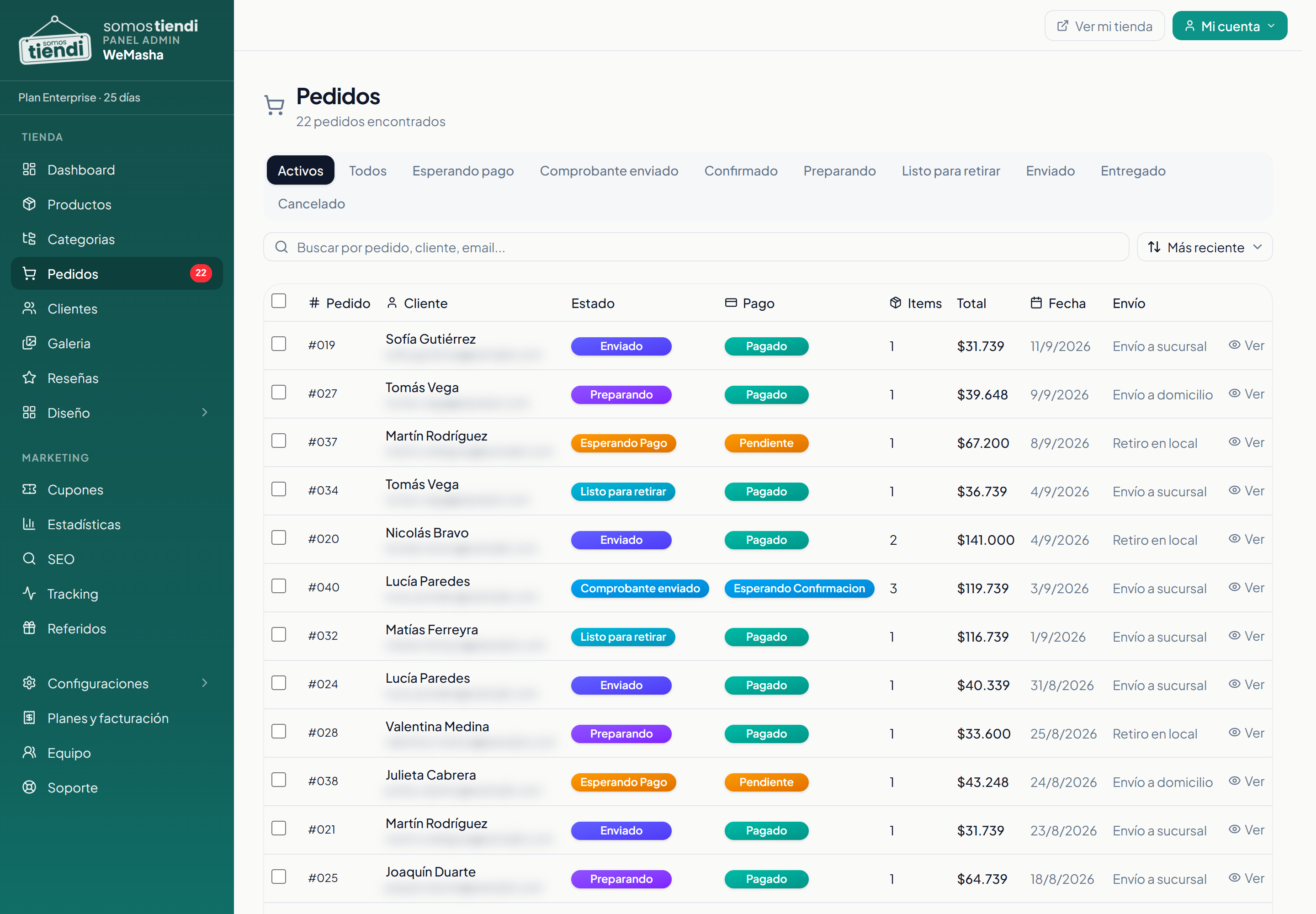 La lista de pedidos con el buscador y las pestañas