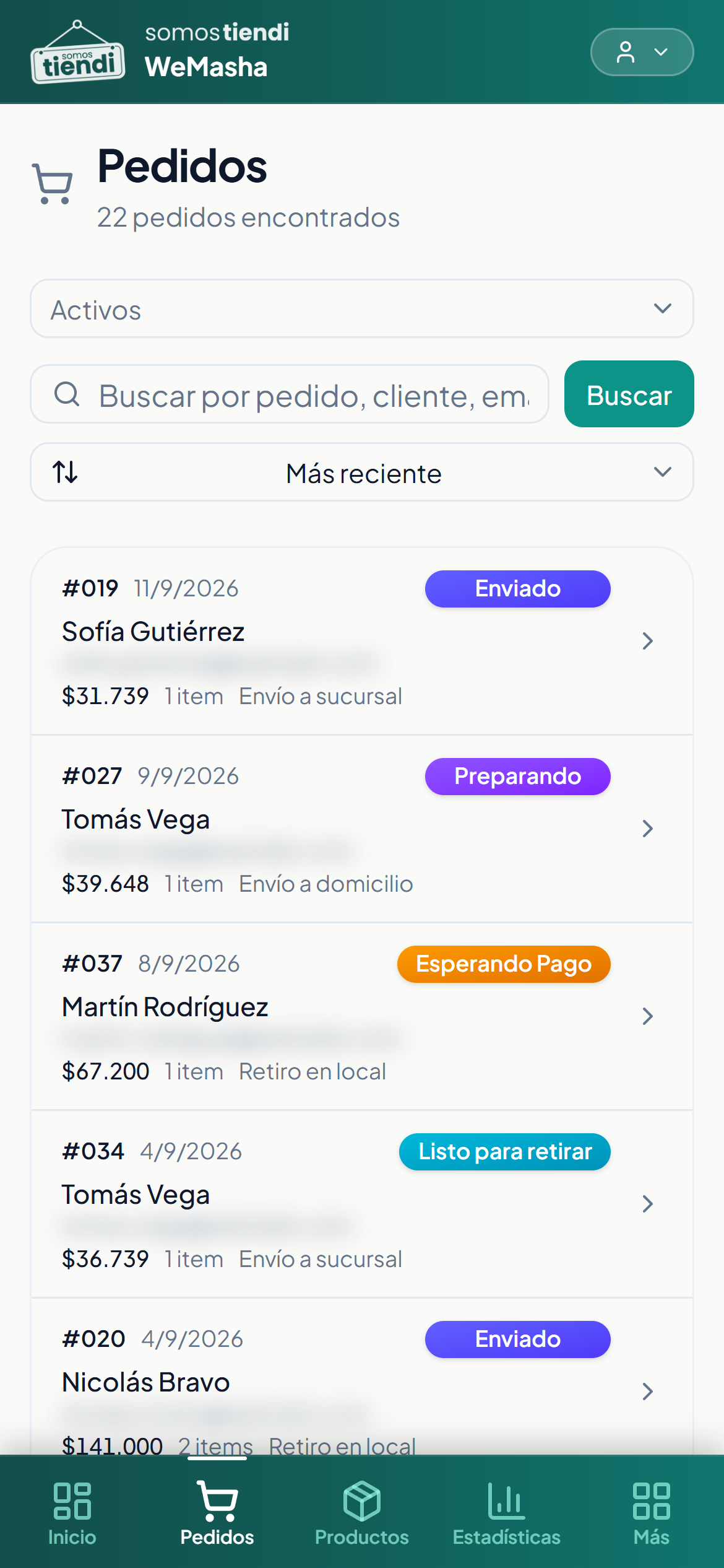 La lista de pedidos desde el celular