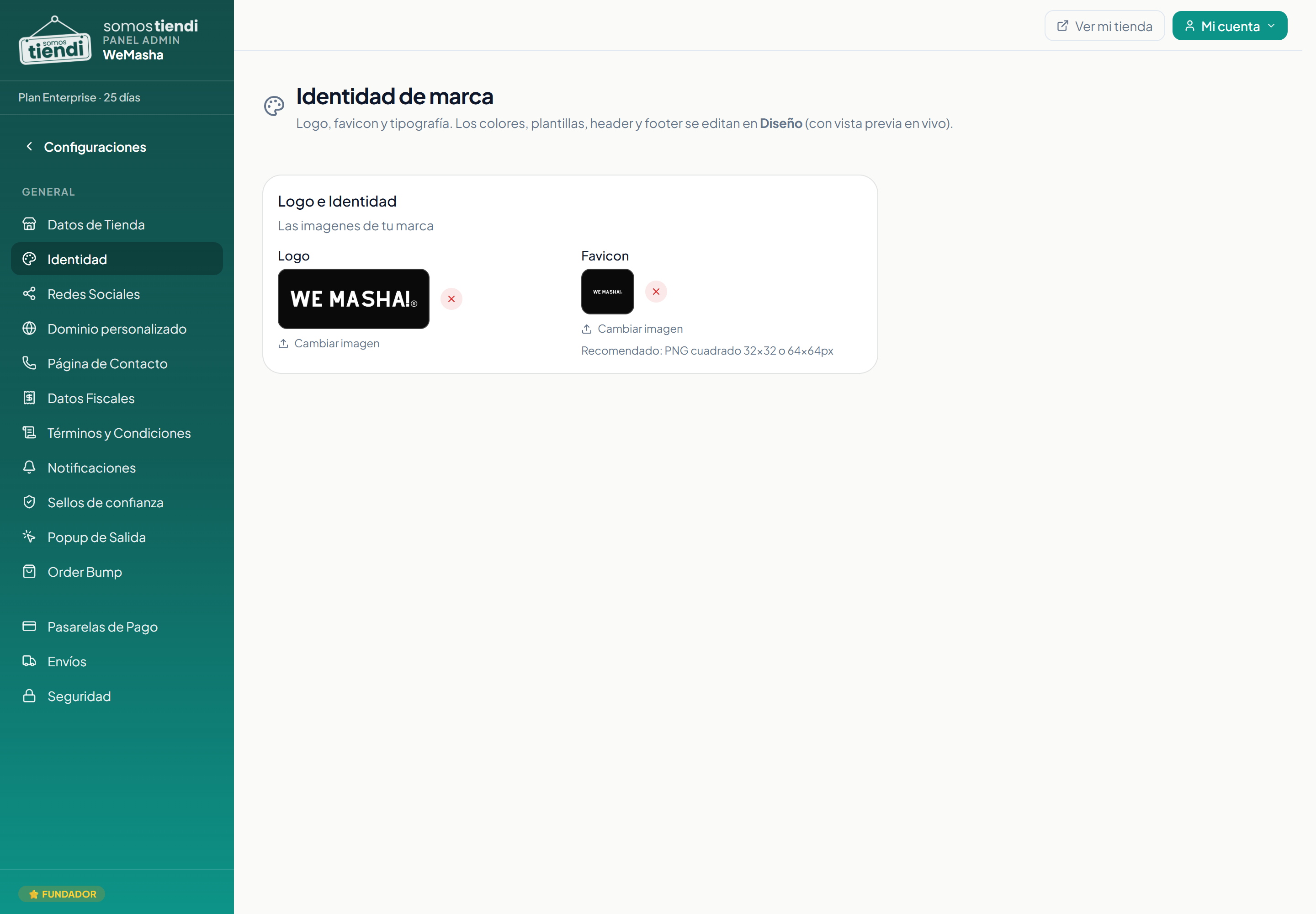 La pantalla de identidad, con el logo y el favicon