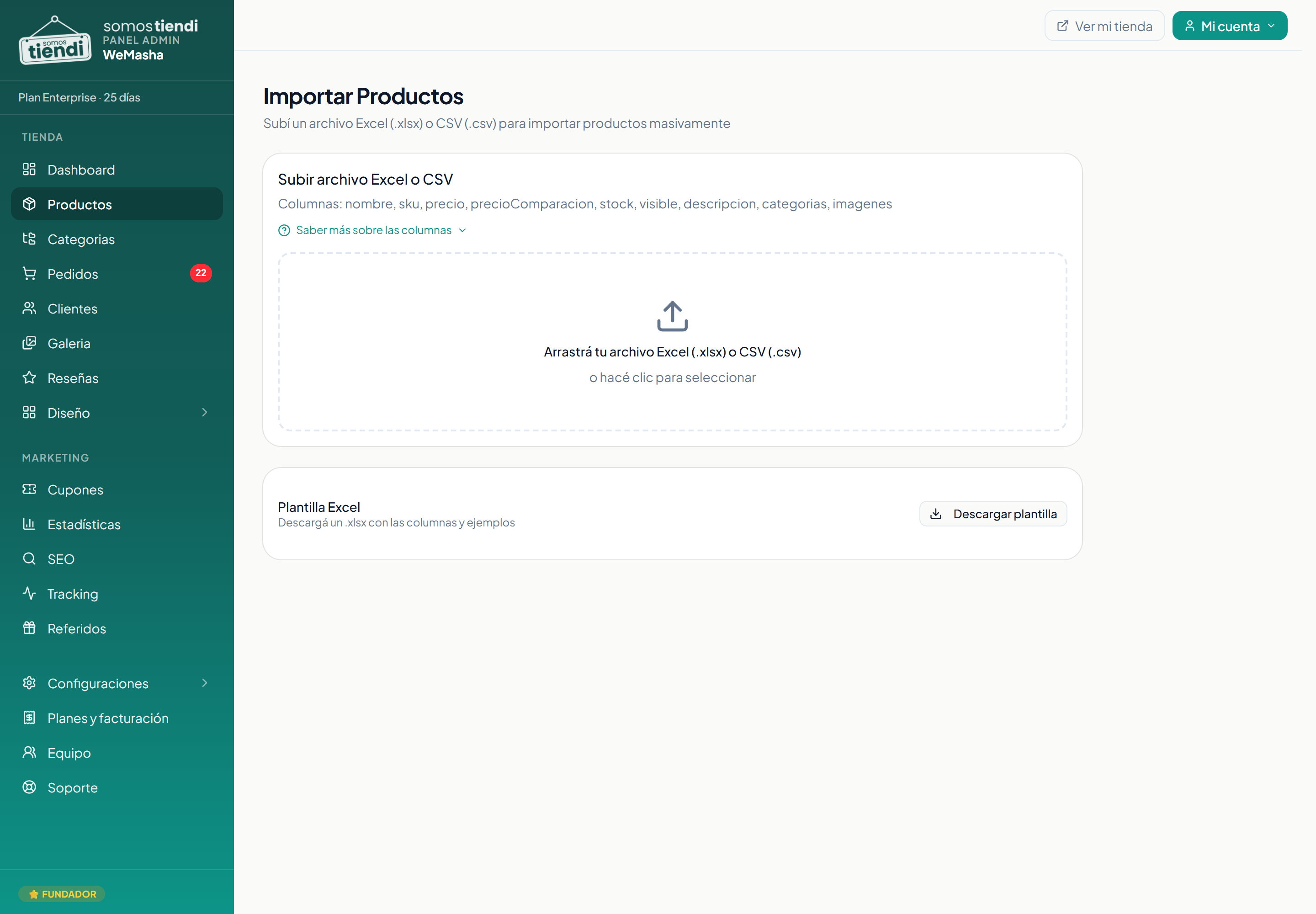 La pantalla de importación de productos