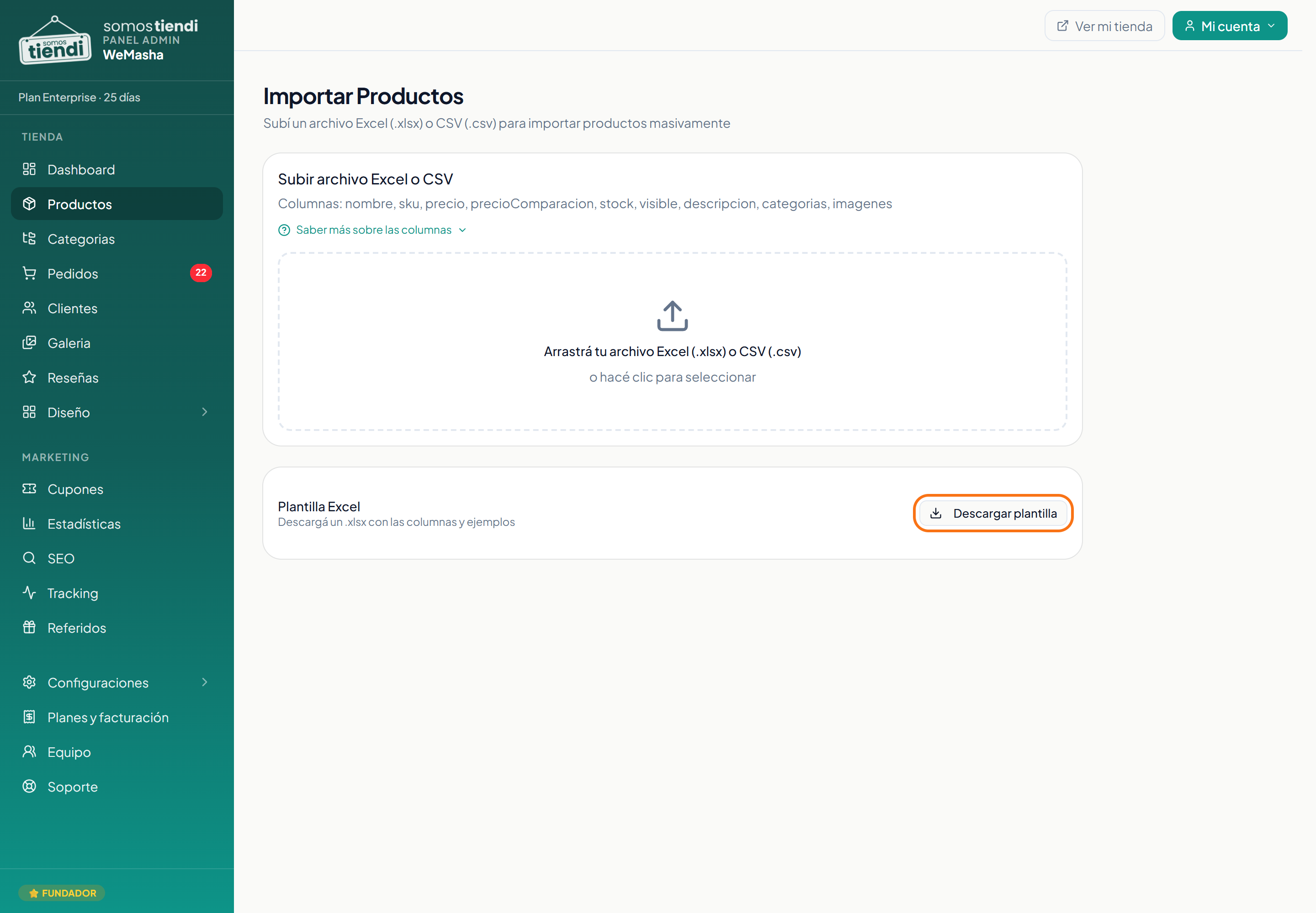 La planilla de ejemplo que se descarga