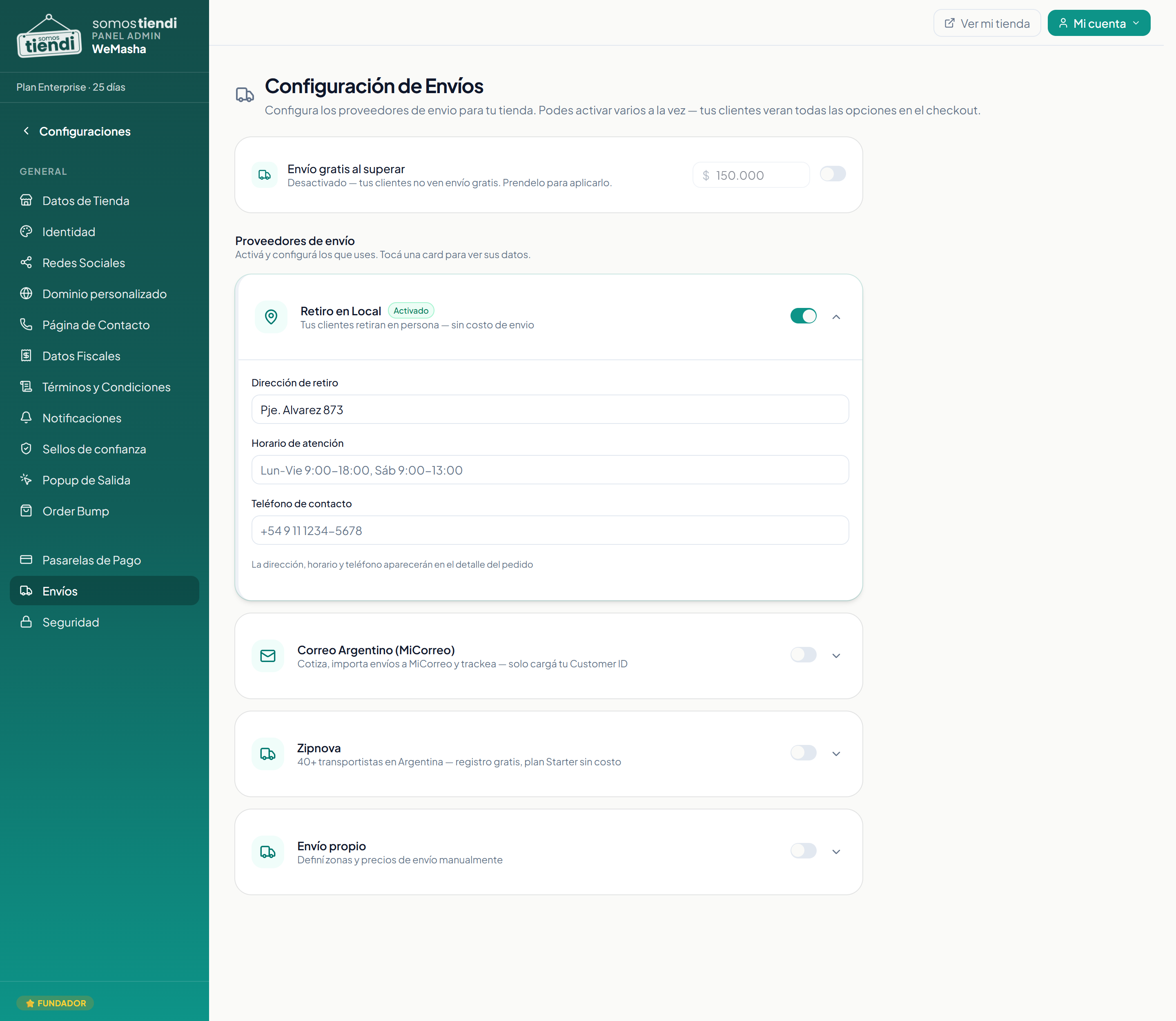 La pantalla de configuración de envíos