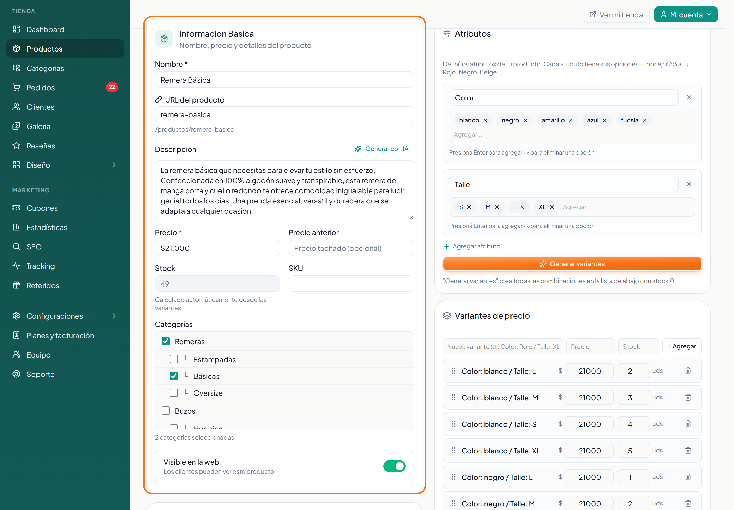 El interruptor Visible en la web, en la ficha del producto