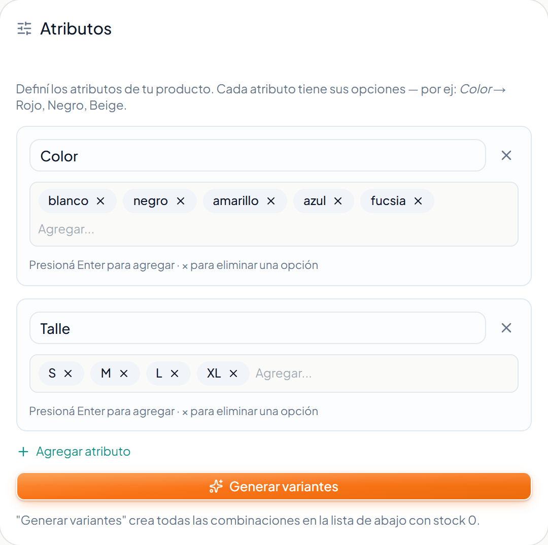 Los atributos de color y talle cargados