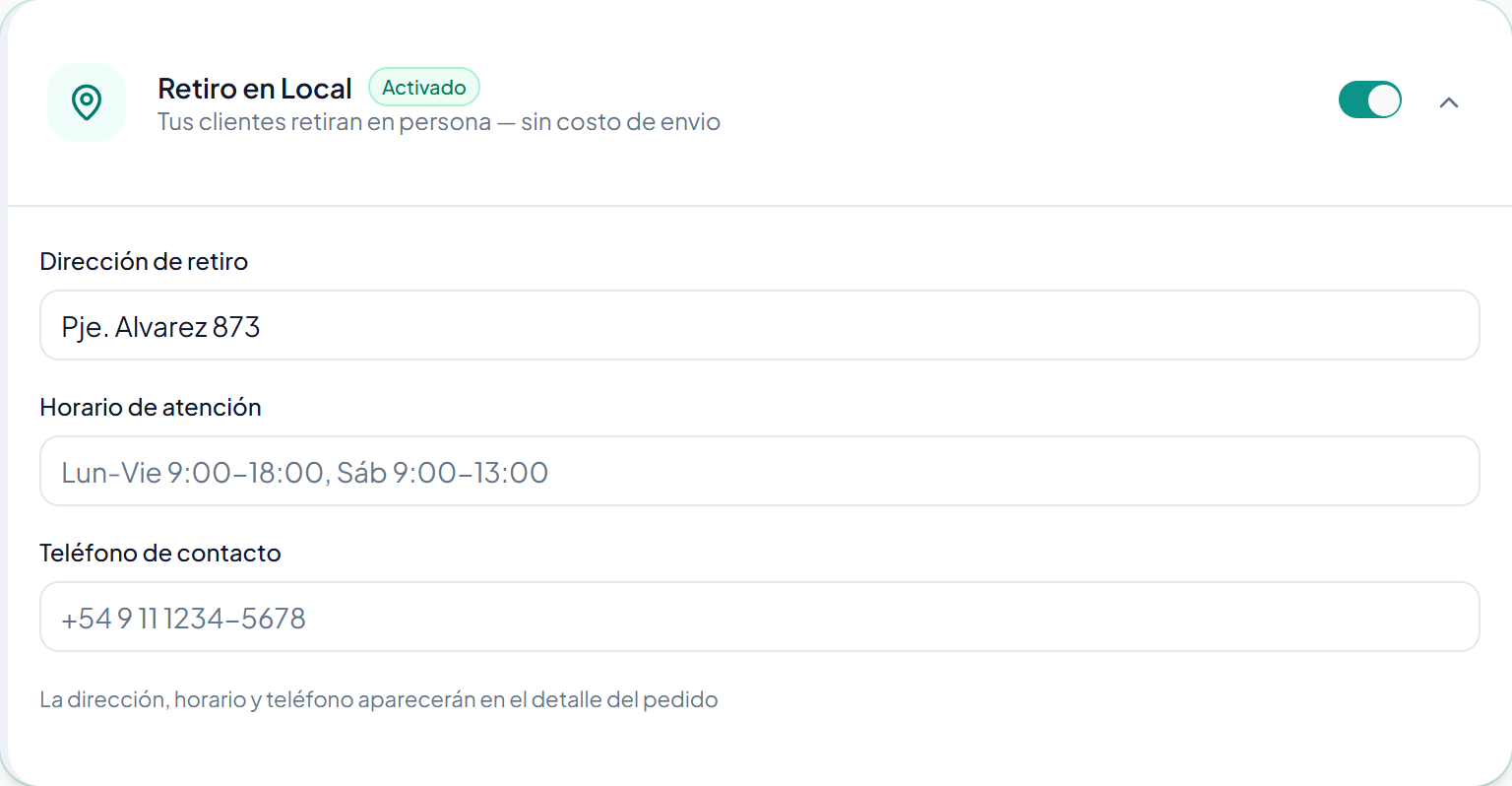 La tarjeta de Retiro en Local con su dirección y horarios