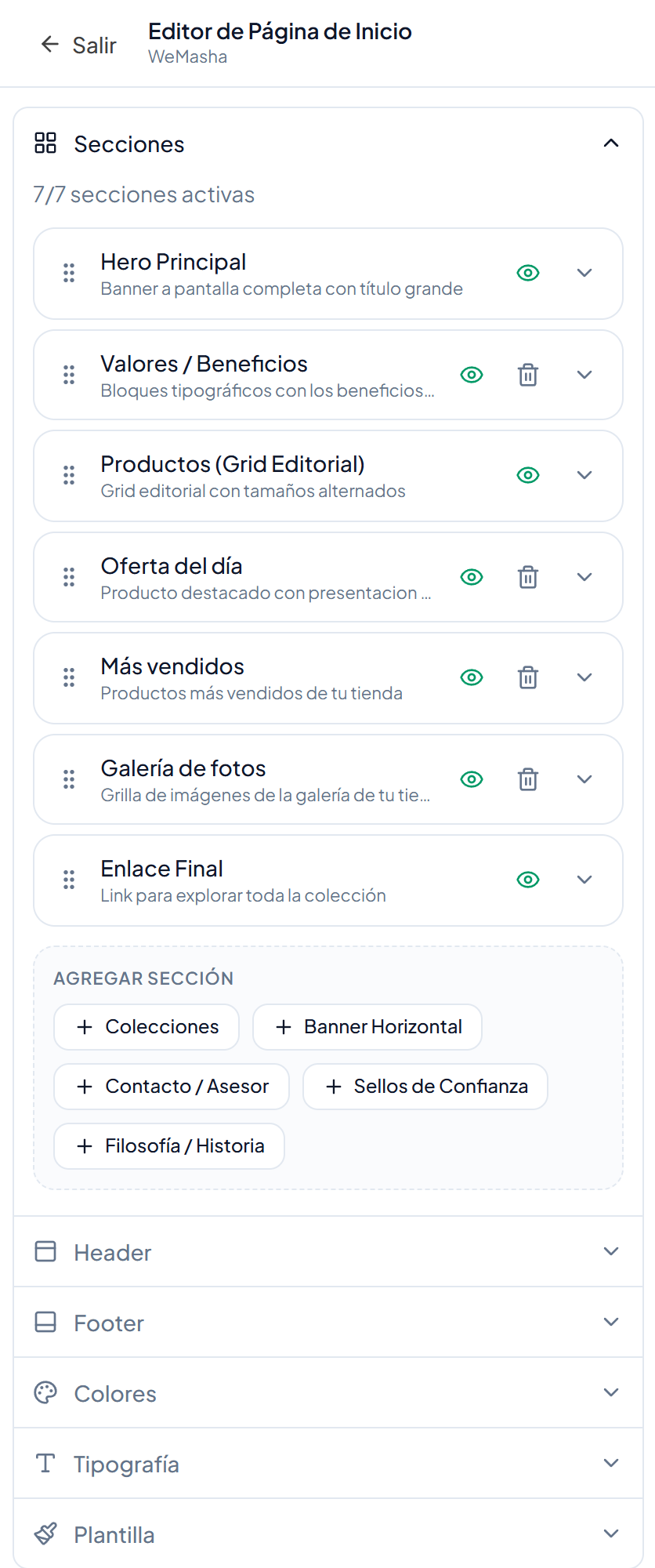 El panel de secciones, con el ojo de cada una