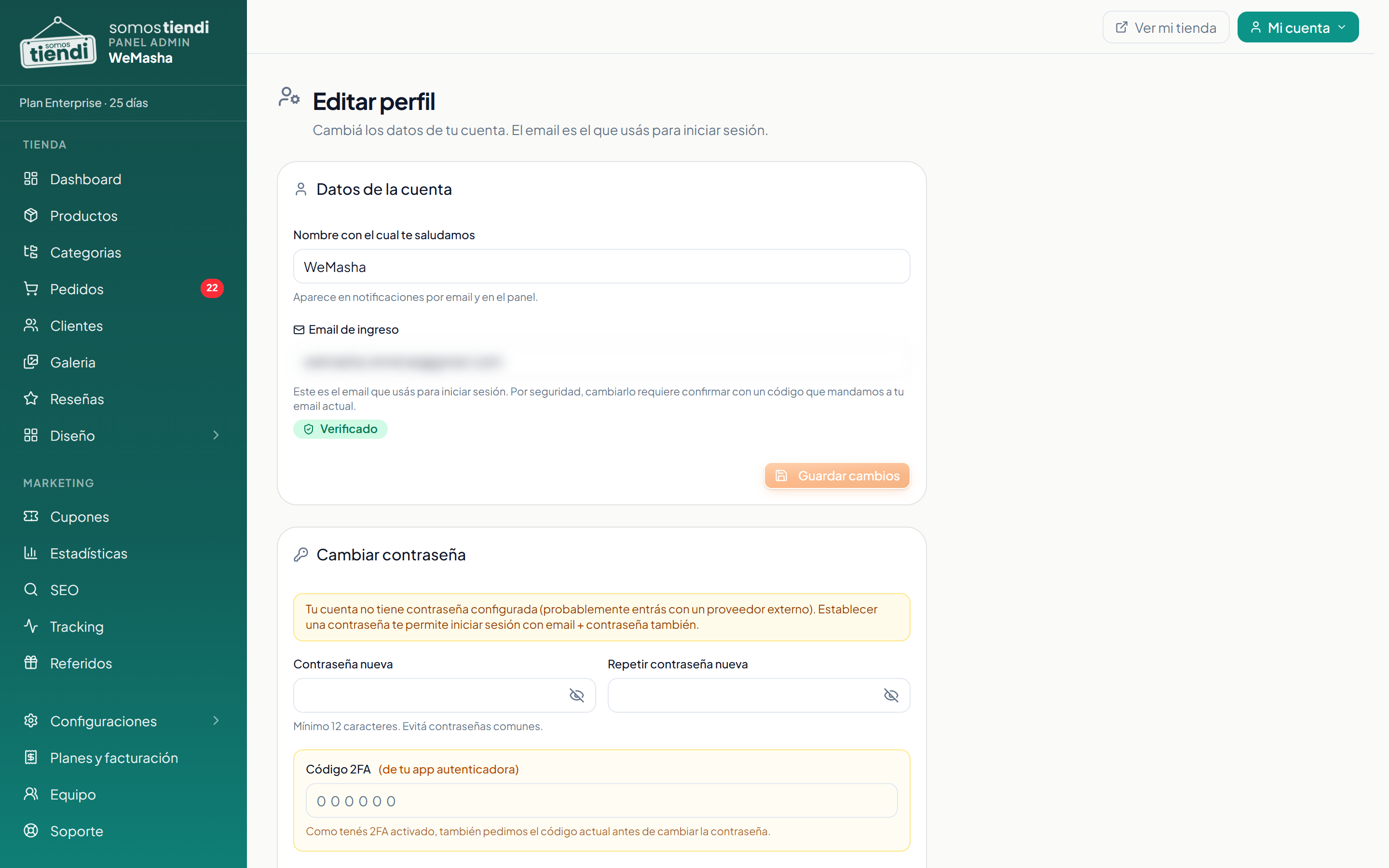 Tu perfil, donde se reenvía el mail de verificación