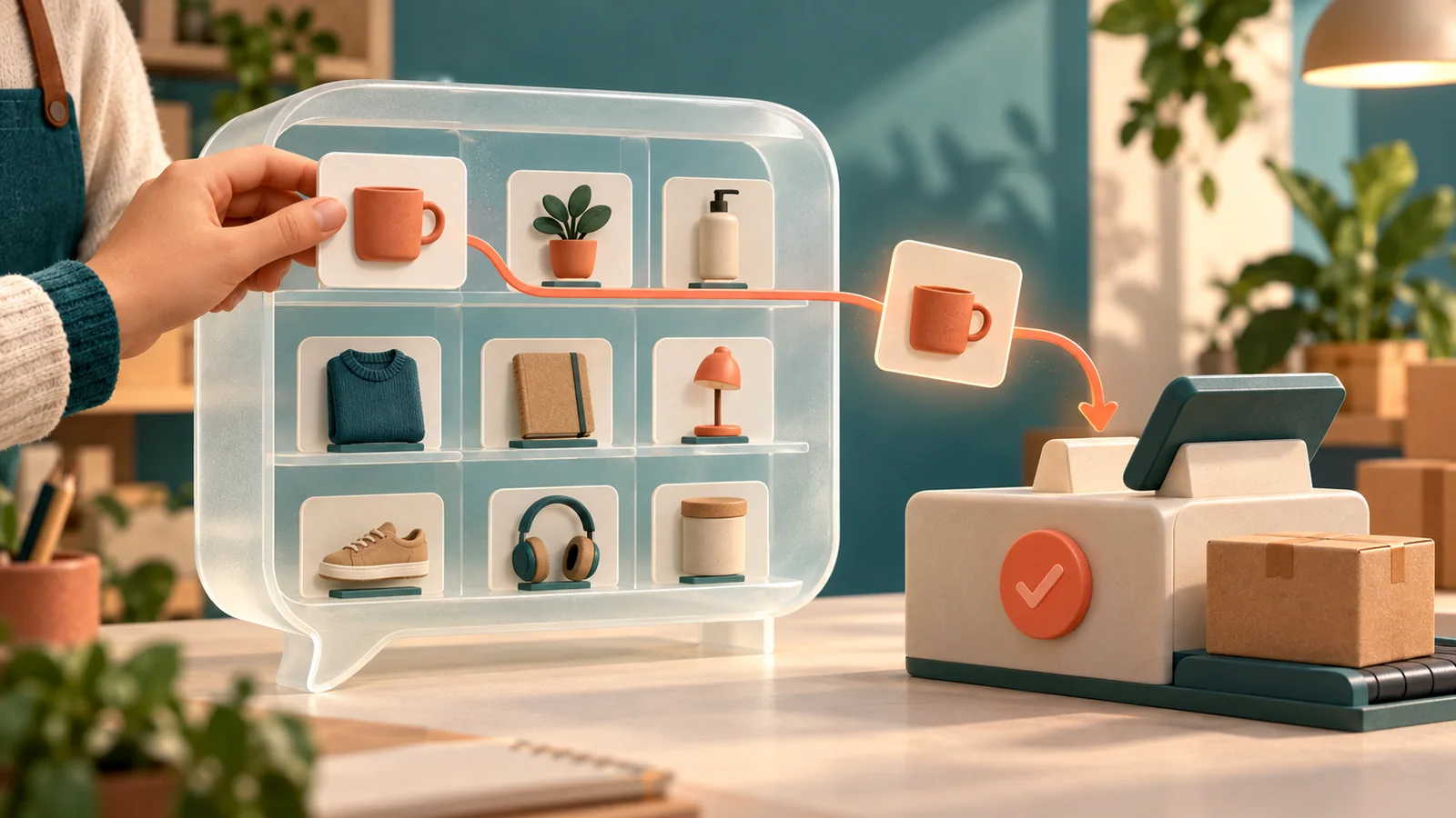 Un producto sale de un catálogo conversacional organizado y llega al checkout