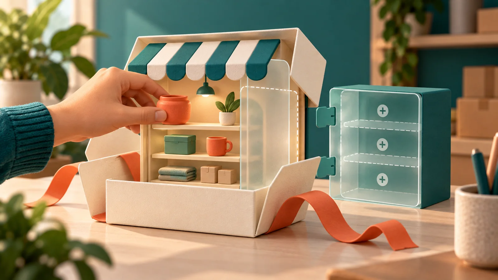 Una tienda gratuita se despliega desde una caja con módulos disponibles para ampliarla