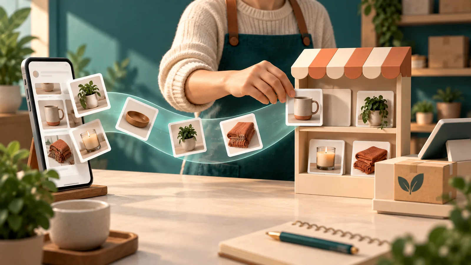 Tarjetas de productos pasan de un celular a una tienda online organizada